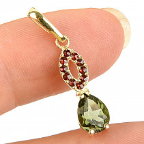 Vltavín and garnets pendant 8x6mm teardrop standard cut gold 14K Au 585/1000 1.62g