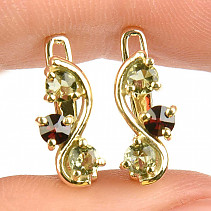 Vltavín and garnet earrings gold Au 585/1000 14K 2.96g