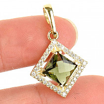 Golden moldavite pendant with zircons square cut 3.54 g (Au 585/1000)