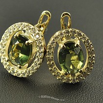 Moldavite gold earrings with cubic zirconia oval cut 5.64 g (Au 585/1000)