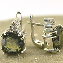 Moldavite earrings and cubic zirconia square 10x10mm cut 925/1000 Ag + Rh