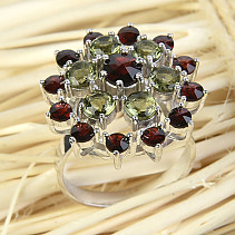 Moldavite ring with garnet cut flower 21 mm Ag 925/1000 Rh +