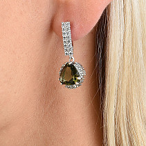 Moldavite with cubic zirconia earrings 10x10mm 925/1000 Ag + Rh