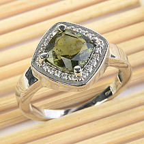 Moldavite ring with cubic zirconia square 8x8mm Ag 925/1000