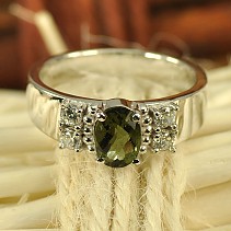 Moldavite oval ring with cubic zirconia checker top cut 925/1000 Ag + Rh