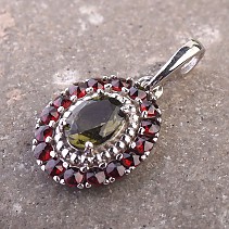 Moldavite oval pendant with garnet 925/1000 Ag + Rh