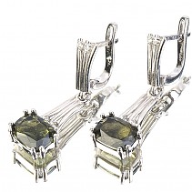 Moldavite rectangle earrings with cubic zirconia standard cut 925/1000 Ag + Rh
