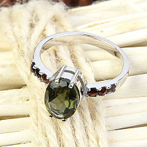 Moldavite Ring and Garnet 9x7mm oval cut standard Ag 925/1000 Rh