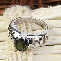Moldavite ring and zircon oval 10 x 8mm standard cut 925/1000 Ag + Rh