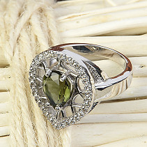 Moldavite ring with cubic zirconia drop 10 x 8 mm standard cut 925/1000 Ag + Rh