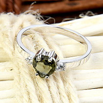 Moldavite ring with cubic zirconia heart 6x6mm standard cut 925/1000 Ag + Rh