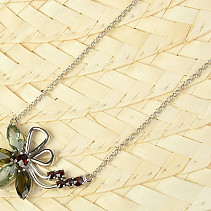 Vltavíny a granáty náhrdelník květina standard brus Ag 925/1000 45cm