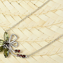 Vltavín a granáty náhrdelník květ brus Ag 925/1000 + Rh