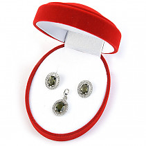 Luxury set of moldavite oval with zircons Ag 925/1000 Rh