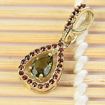 Moldavite and garnet pendant gold drop drop standard Au 585/1000