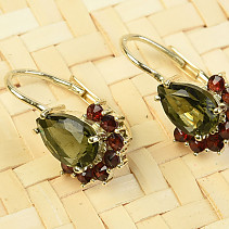 Moldavite and garnets earrings gold Au 585/1000 3.30g