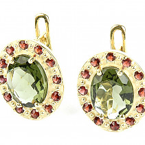 Moldavite and garnets earrings oval standard abrasive gold Au 585/1000 4.71g