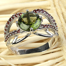 Moldavite ring with garnets round 9mm standard cut Ag 925/1000 + Rh