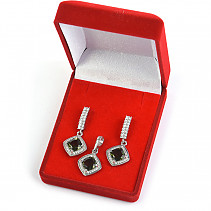 Gift set of jewelry with moldavite and zircons diamond 8 x 8mm standard cut Ag 925/1000 + Rh