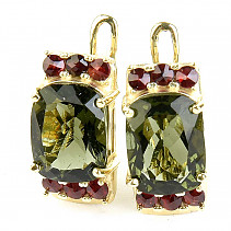 Moldavite a garnets earrings rectangle standard brus gold Au 585/1000 5.24g