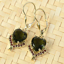 Moldavite and garnets earrings heart 9 x 9mm gold Au 585/1000
