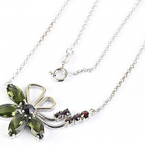 Vltavín + granát brus náhrdelník květina (4+6) Ag 925/1000 49cm