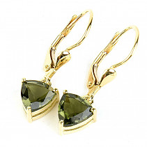 Gold earrings moldavite trigon 7 x 7mm standard brus 14K Au 585/1000 2.59g