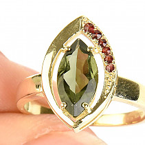 Moldavite and garnets ring (size 58) 14K Au 585/1000 4,16g