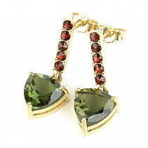 Moldavite and garnets earrings 8 x 8mm gold Au 585/1000 3.49g