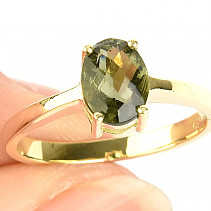 Moldavite ring oval checker top brush (size 56) 14K gold Au 585/1000 3,28g
