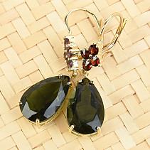 Moldavite and garnets luxury earrings drop 16 x 10mm gold standard Au 585/1000 14K 6.48g