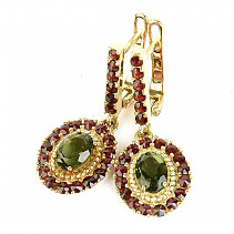 Moldavite and garnets luxury earrings oval 7 x 5 mm gold checker top Au 585/1000 14K 6.39g