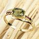 Ring with moldavite and garnets 14K Au 585/1000 3.35g size 61