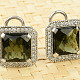 Moldavite and zircons square checker cut earrings Ag 925/1000 6.5g