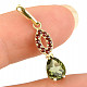 Vltavín and garnets pendant 8x6mm teardrop standard cut gold 14K Au 585/1000 1.62g