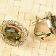 Gold moldavite earrings with zircons oval 8 x 6mm 14K 5.86g