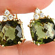 Gold earrings of moldavite and zircons square 10 x 10mm checker top brush 14K Au 585/1000 7.49g