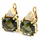 Gold earrings of moldavite and zircons square 10 x 10mm checker top brush 14K Au 585/1000 7.49g