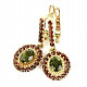 Moldavite and garnets luxury earrings oval 7 x 5 mm gold checker top Au 585/1000 14K 6.39g